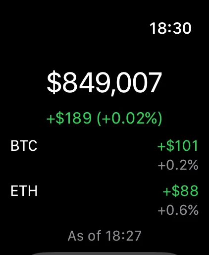 The TrackMyStack Apple Watch app: net worth $849,007, today’s change and the biggest movers, BTC and ETH