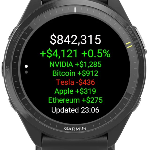 TrackMyStack on a Garmin Forerunner: net worth $842,315, up $4,121 today, and the five biggest movers