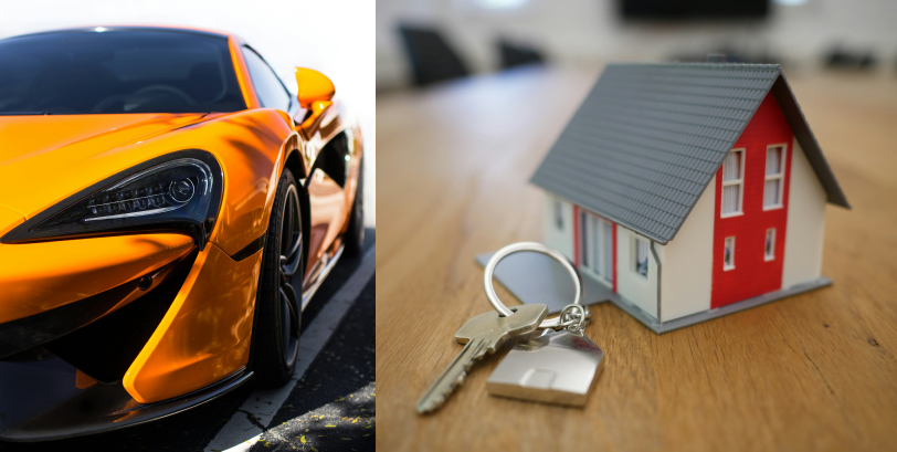 an image of a fancy car and a model house with keys next to it